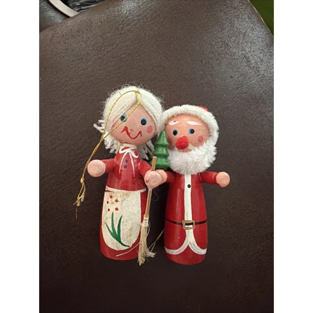 Vintage Mr and Mrs Santa Claus Wood Ornaments Christmas Tree Glasses Tree Felt H